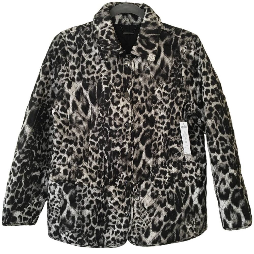 NWT Chico’s Quilted Snow Leopard PT Jacket Size 1P, M, 8 PT Leather Outerwear